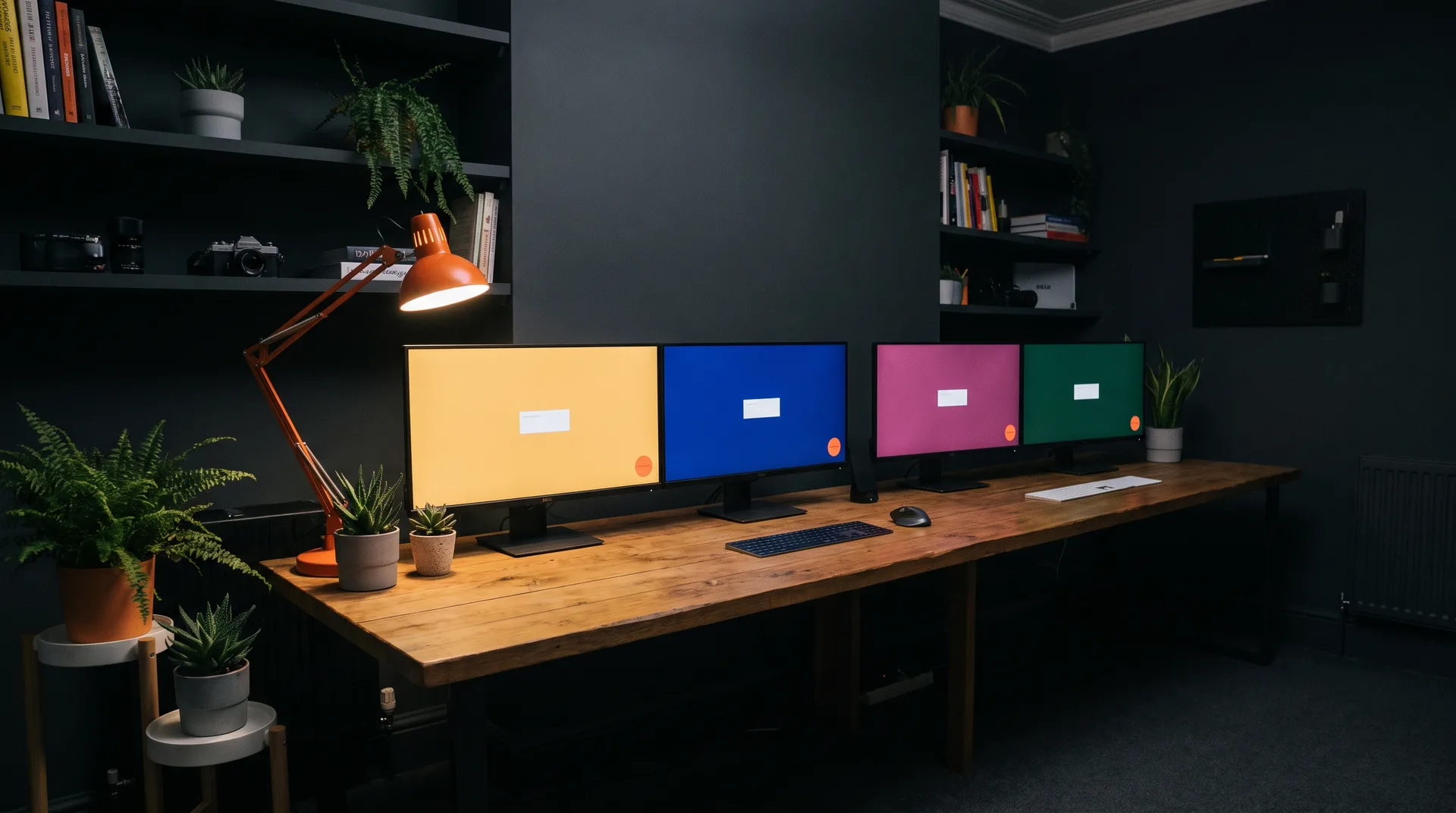 A dark studio at night with four monitors in a row, each showing a different solid colour store workspace, under a tangerine desk lamp