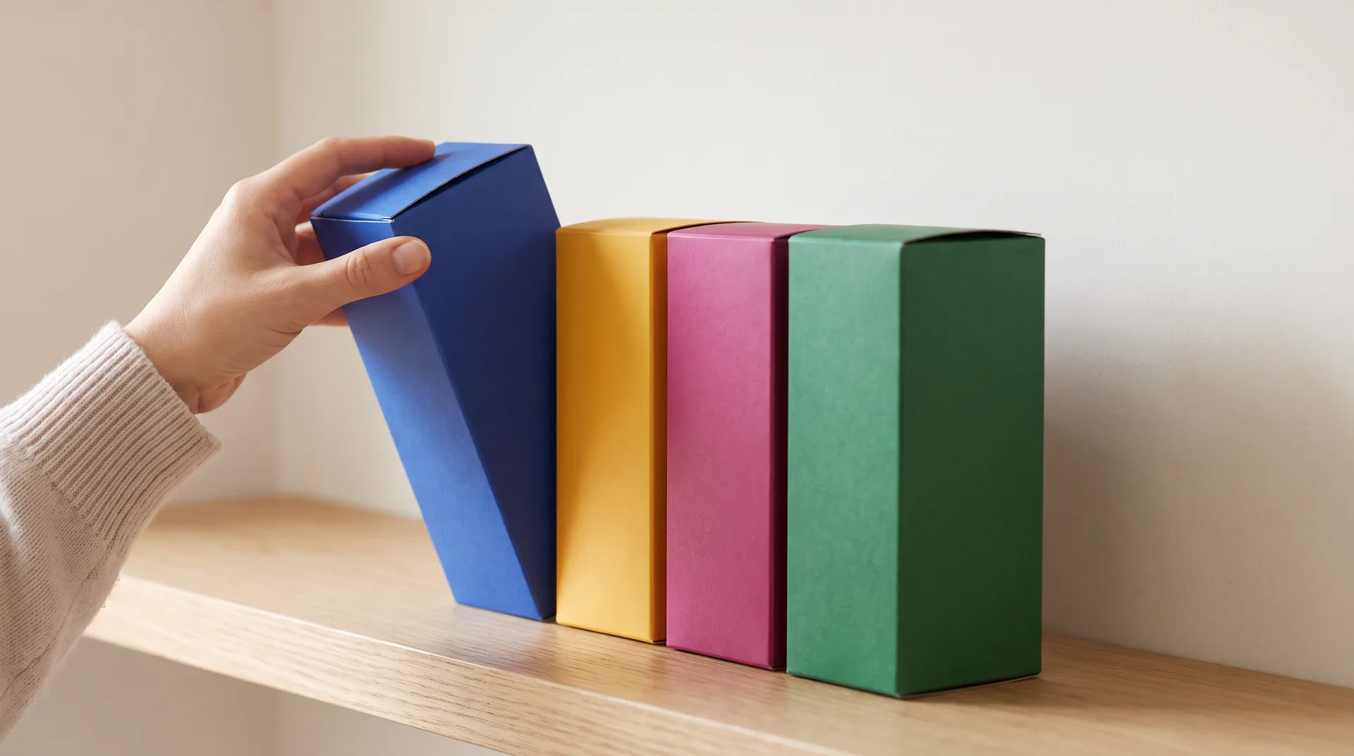 Four small product boxes in solid yellow, cobalt, magenta and green on a pale oak shelf; a hand lifts the cobalt one