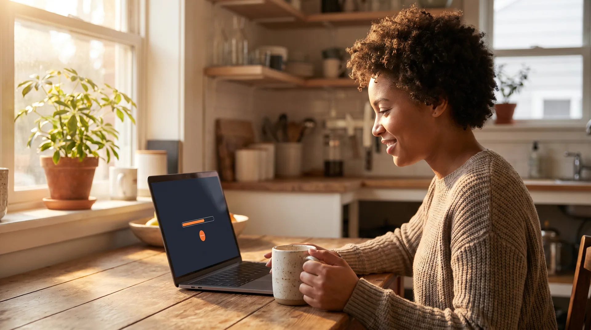 A woman at a kitchen table in morning light, coffee in hand, watching a progress bar fill on a laptop