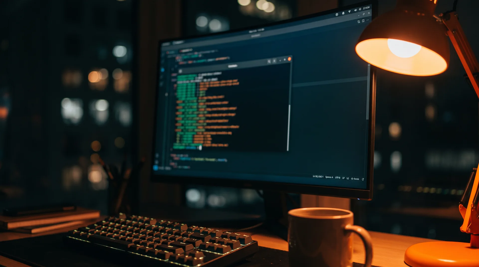 A dark monitor with soft unreadable lines of code, a mechanical keyboard and the glow of a tangerine desk lamp