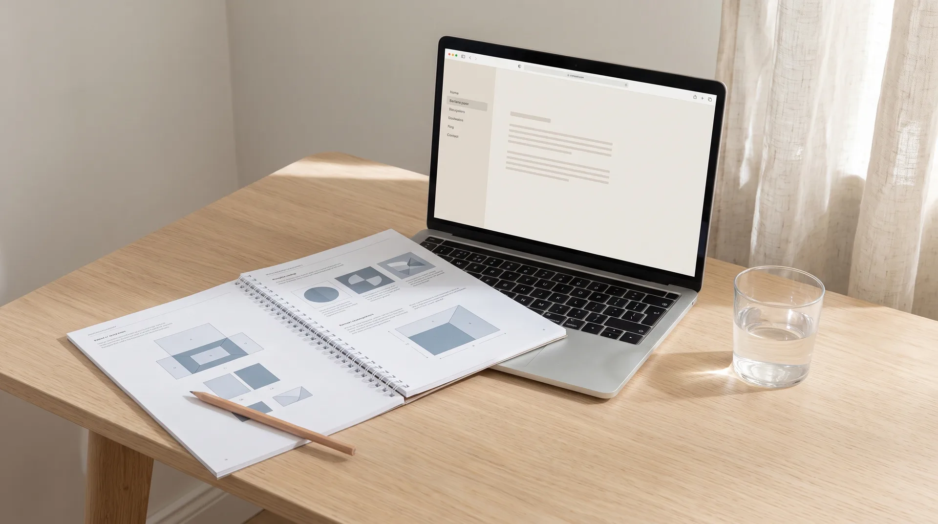 An open printed guide with diagrams beside a laptop showing a light documentation page, a pencil and a glass of water in morning light