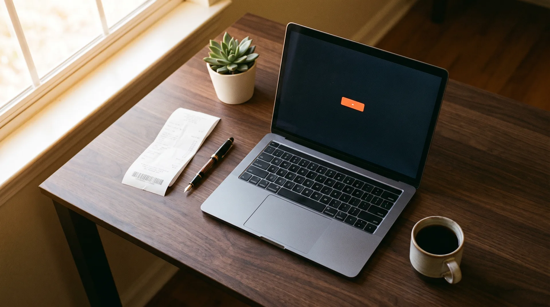 A walnut desk from above: a laptop with a dark dashboard, one folded paper receipt, a pen and a cup of coffee