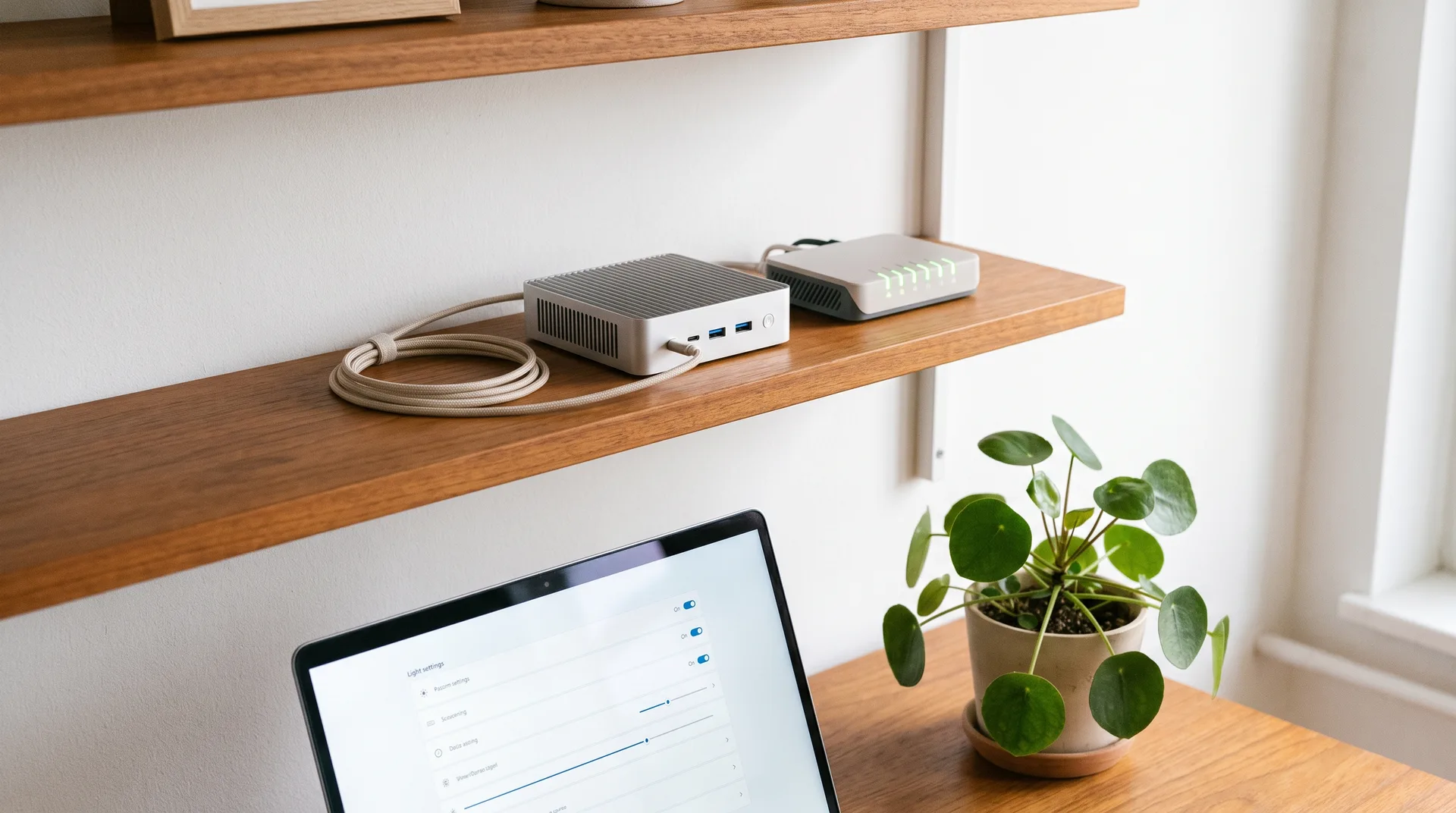 A small fanless mini PC and a router on a wooden shelf, a laptop below showing a light settings screen with toggles