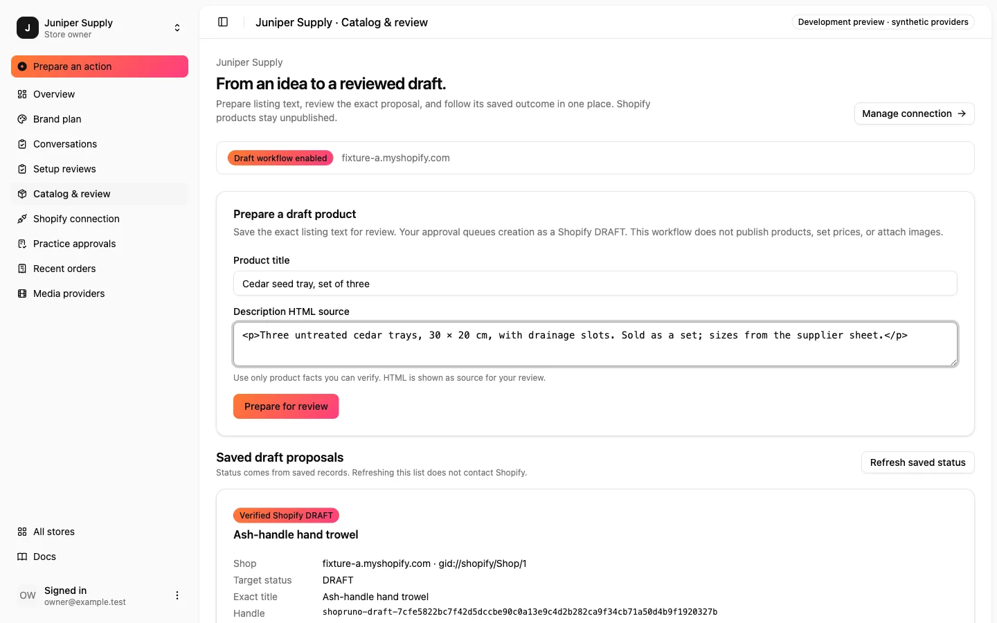 The Catalog & review page with a draft product form filled in: an exact title, the description HTML source and a Prepare for review button