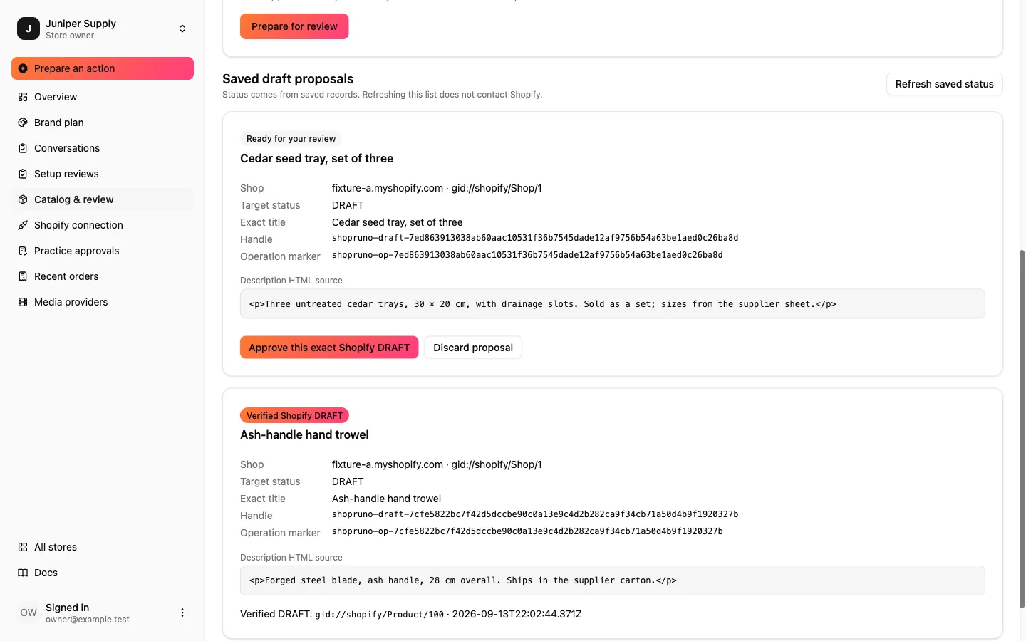 A saved draft proposal marked Ready for your review, showing the exact title, handle, operation marker and description, with buttons to approve this exact Shopify DRAFT or discard the proposal