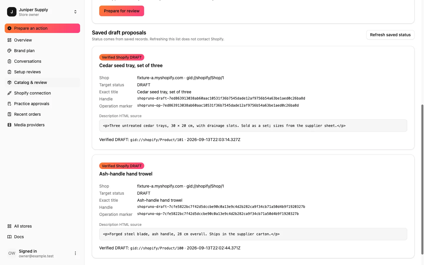 The same proposal marked Verified Shopify DRAFT, with the product id and timestamp read back from Shopify
