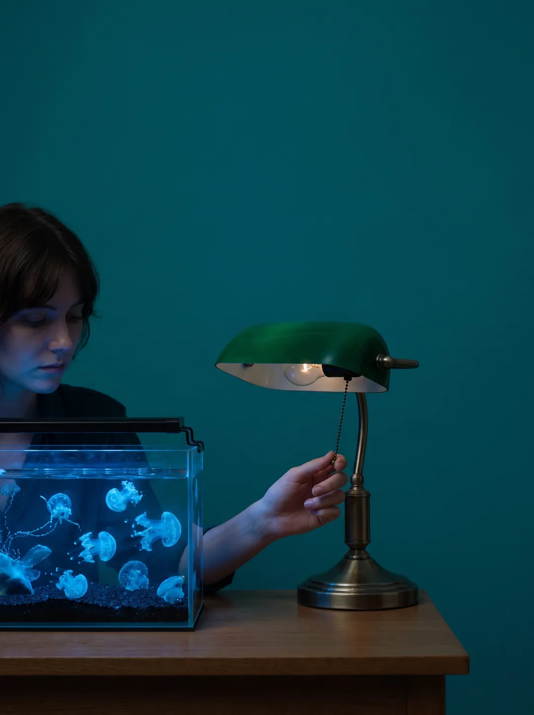 A person switching off a lamp beside a small aquarium glowing blue against a solid deep teal backdrop