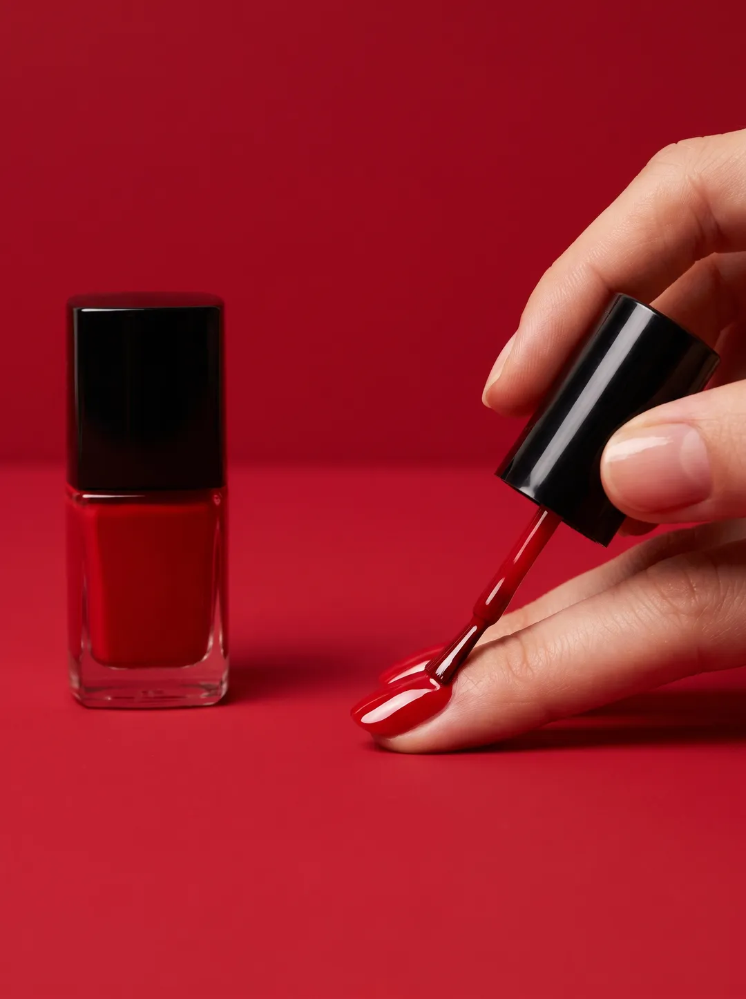 Close crop of a hand painting a fingernail glossy red against a solid red backdrop
