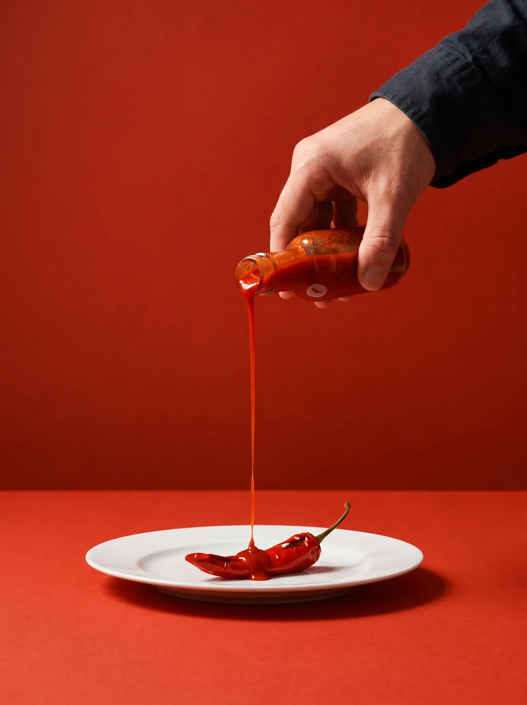 A hand pouring red hot sauce onto a white plate beside a chili against a solid scorched red backdrop
