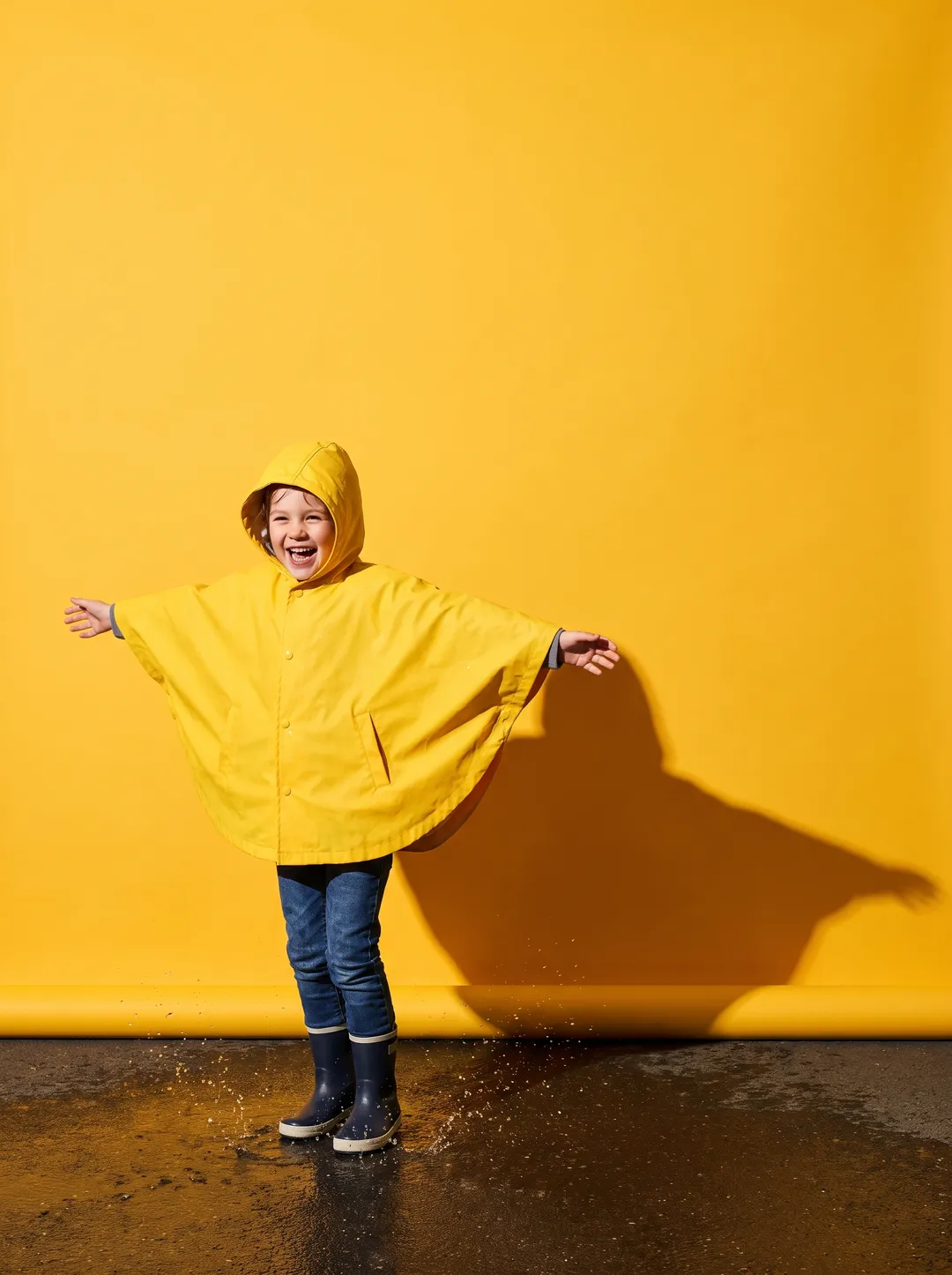 A laughing child mid-spin in a yellow hooded rain cape on a wet floor against a solid yellow backdrop