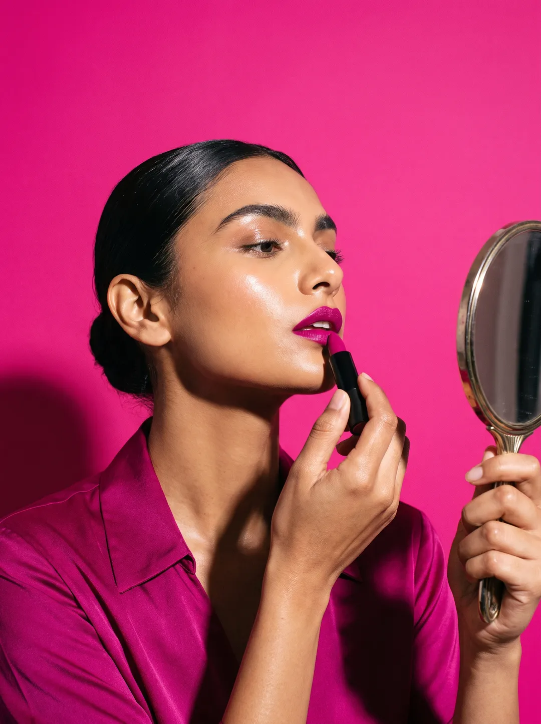 A South Asian woman applying magenta lipstick while looking into a handheld mirror against a solid magenta backdrop