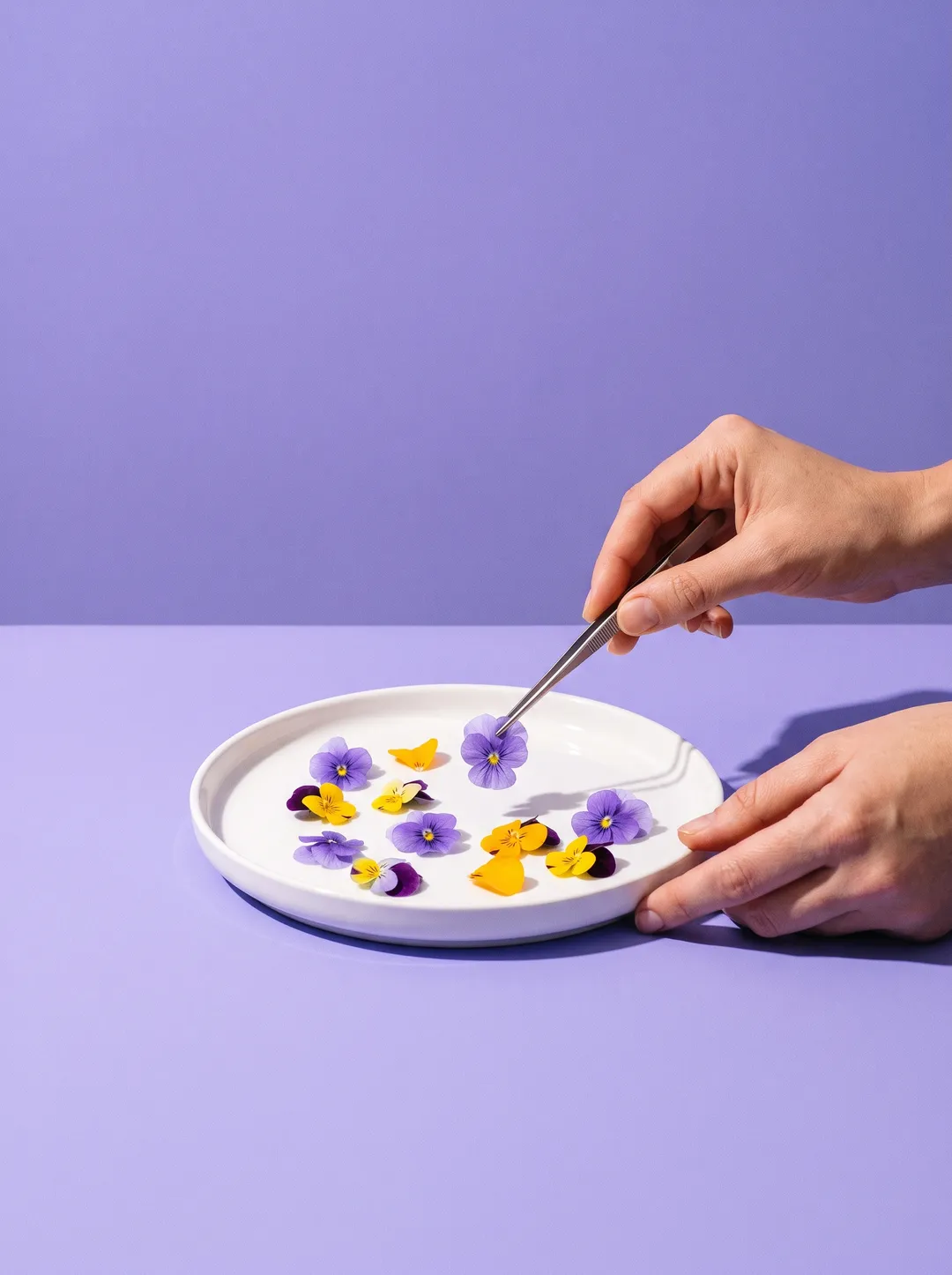 Hands placing an edible pansy petal on a plate of petals with tweezers against a solid lavender backdrop