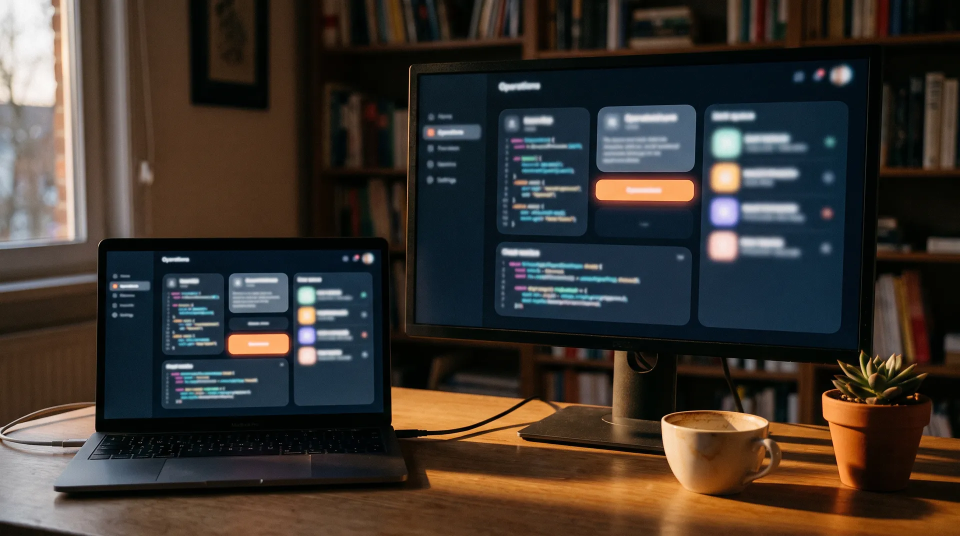 A founder's desk at dusk with a laptop and monitor showing a dark operations dashboard with a queue of pending items